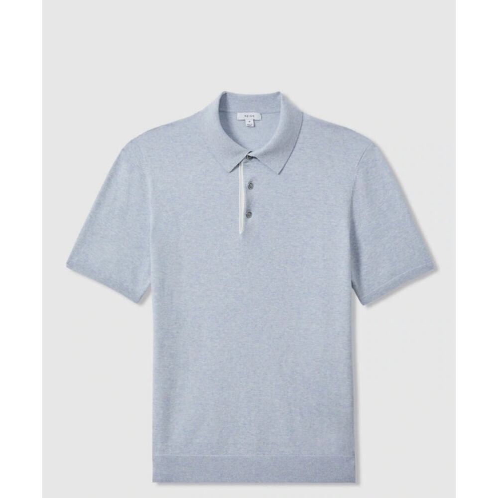 REISS Finch Cotton Blend Contrast Polo Shirt in Soft Blue Melange Mens Size XL